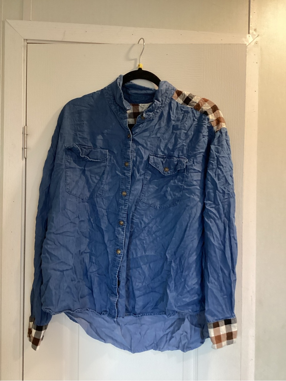 Cato Light Blue Women's Button-Up Blouse with Plaid Trim XL EUC
